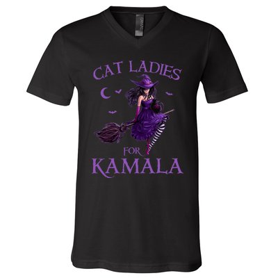 Cat Ladies For Kamala Harris 2024 Witches Harris Halloween V-Neck T-Shirt