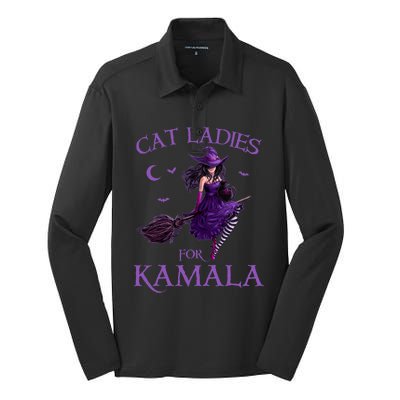 Cat Ladies For Kamala Harris 2024 Witches Harris Halloween Silk Touch Performance Long Sleeve Polo