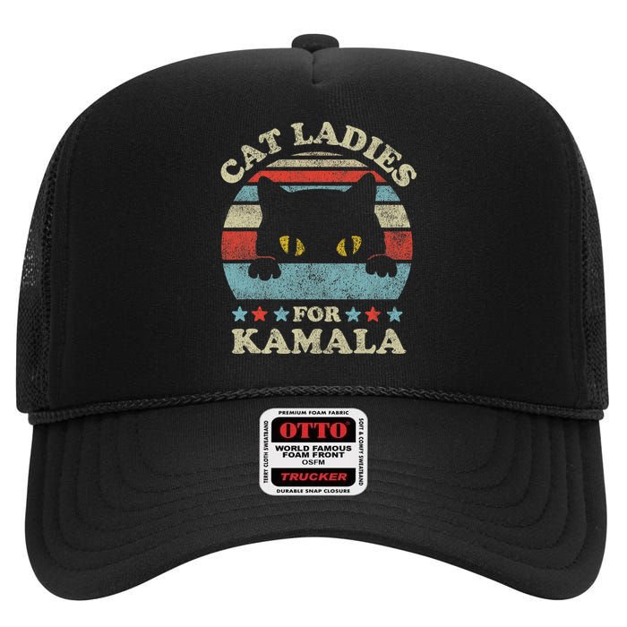 Cat Ladies For Kamala Harris Merch President 2024 Cat Lady High Crown Mesh Back Trucker Hat