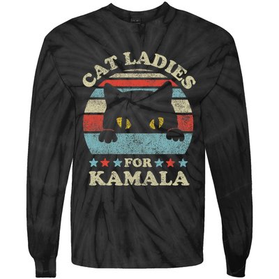 Cat Ladies For Kamala Harris Merch President 2024 Cat Lady Tie-Dye Long Sleeve Shirt