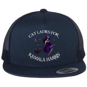 Cat Ladies For Kamala Harris 2024 Witches Harris Halloween Flat Bill Trucker Hat