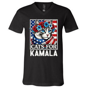 Cat Ladies For Kamala Funny Cat 2024 President Kamalaharris Gift V-Neck T-Shirt