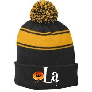 Comma La Funny Kamala Harris Halloween Pumpkin Stripe Pom Pom Beanie