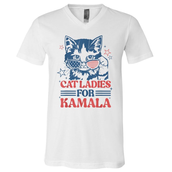 Cat Ladies For Kamala Funny Cat President Kamalaharris 2024 V-Neck T-Shirt