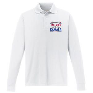 Cat Ladies For Kamala Funny Cat 2024 President Kamala Harris Performance Long Sleeve Polo