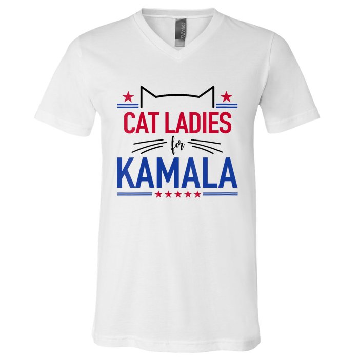 Cat Ladies For Kamala Funny Cat 2024 President Kamala Harris V-Neck T-Shirt