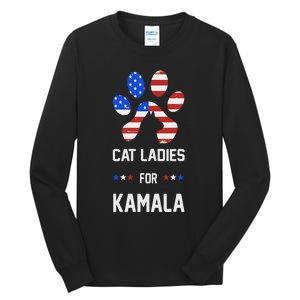 Cat Ladies For Kamala Funny Cat 2024 President Kamala Harris Tall Long Sleeve T-Shirt