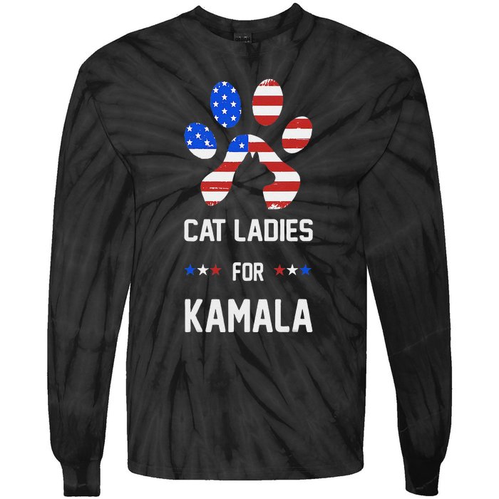 Cat Ladies For Kamala Funny Cat 2024 President Kamala Harris Tie-Dye Long Sleeve Shirt