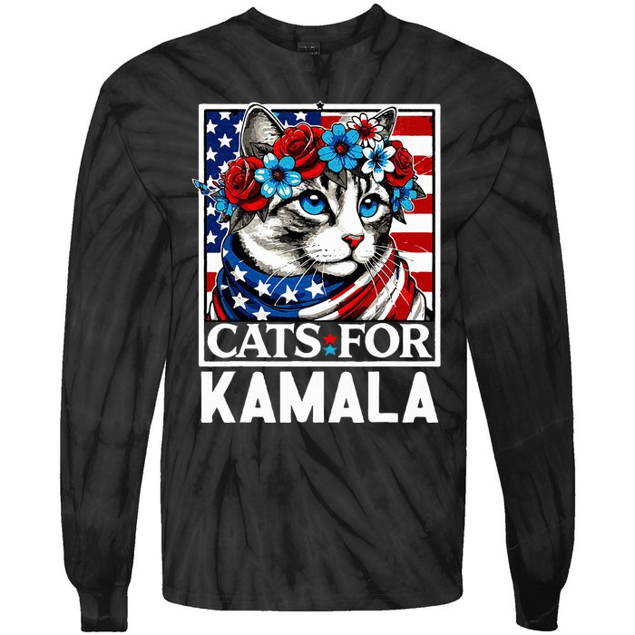 Cat Ladies For Kamala Funny Cat 2024 President Kamalaharris Tie-Dye Long Sleeve Shirt