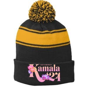 Cute Lotus Flowers Lotus For Potus Kamala Harris 2024 Stripe Pom Pom Beanie