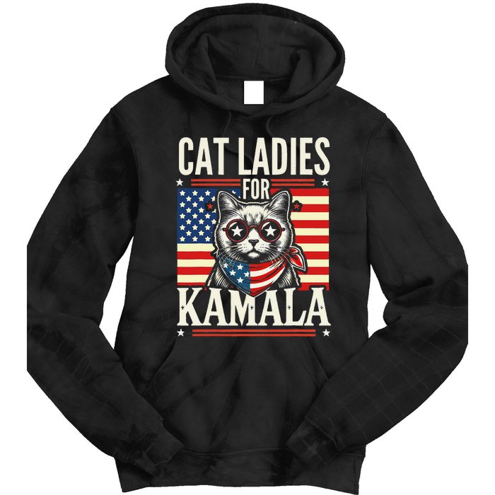 Cat Ladies For Kamala Cat 2024 President Harris Retro Tie Dye Hoodie