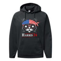 Cat Ladies For Kamala Funny Cat 2024 President Kamala Harris Performance Fleece Hoodie