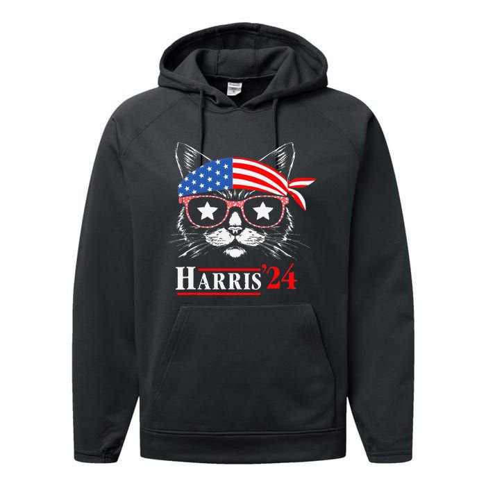 Cat Ladies For Kamala Funny Cat 2024 President Kamala Harris Performance Fleece Hoodie