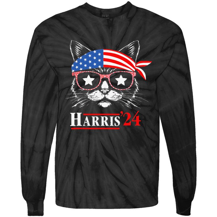 Cat Ladies For Kamala Funny Cat 2024 President Kamala Harris Tie-Dye Long Sleeve Shirt