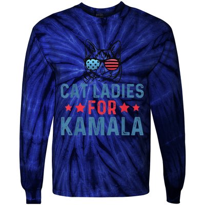 Cat Ladies For Kamala Funny Cat 2024 President Kamalaharris Tie-Dye Long Sleeve Shirt