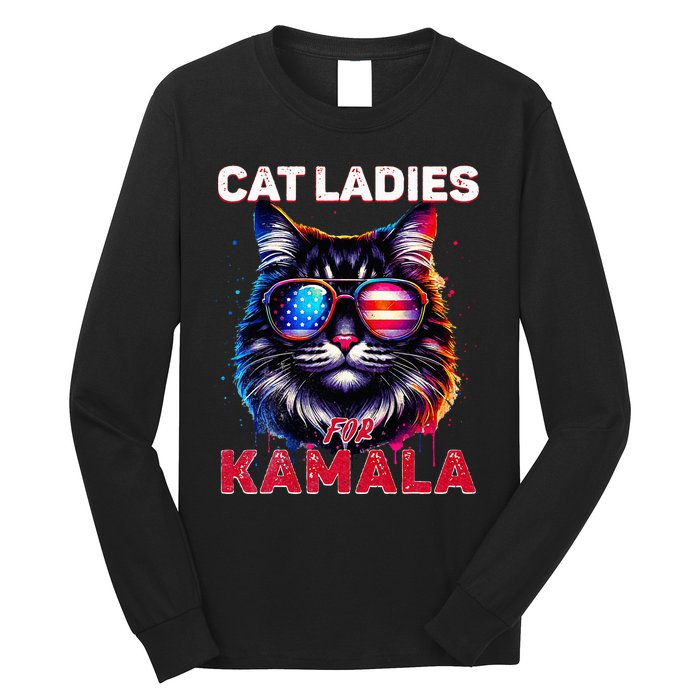 Cat Ladies For Kamala Funny Cat 2024 President Kamala Harris Long Sleeve Shirt