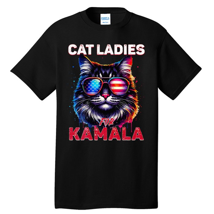 Cat Ladies For Kamala Funny Cat 2024 President Kamala Harris Tall T-Shirt