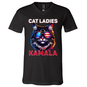 Cat Ladies For Kamala Funny Cat 2024 President Kamala Harris V-Neck T-Shirt