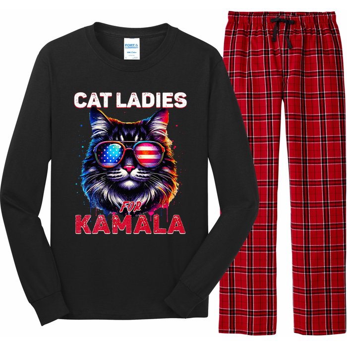 Cat Ladies For Kamala Funny Cat 2024 President Kamala Harris Long Sleeve Pajama Set