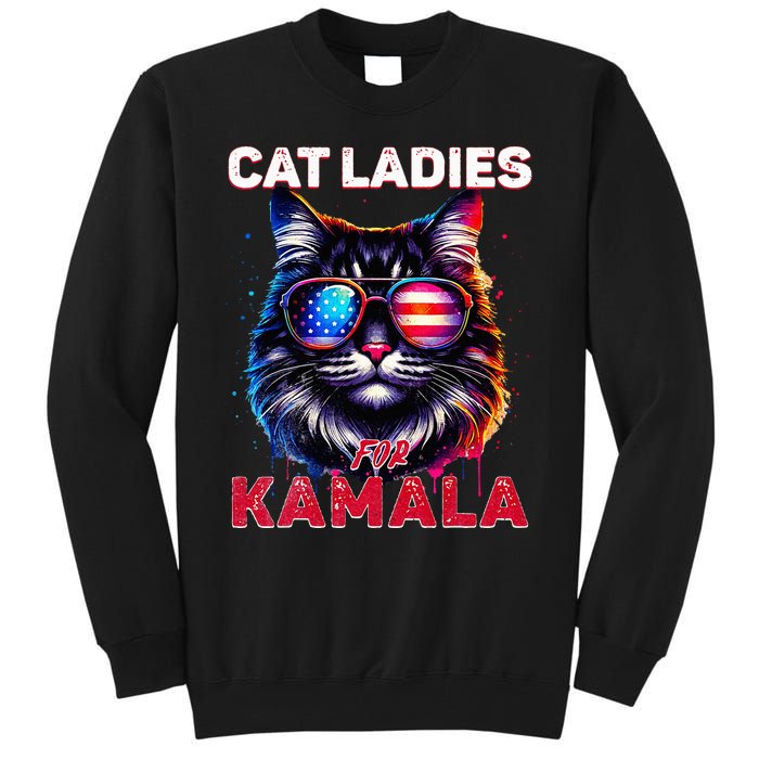 Cat Ladies For Kamala Funny Cat 2024 President Kamala Harris Tall Sweatshirt