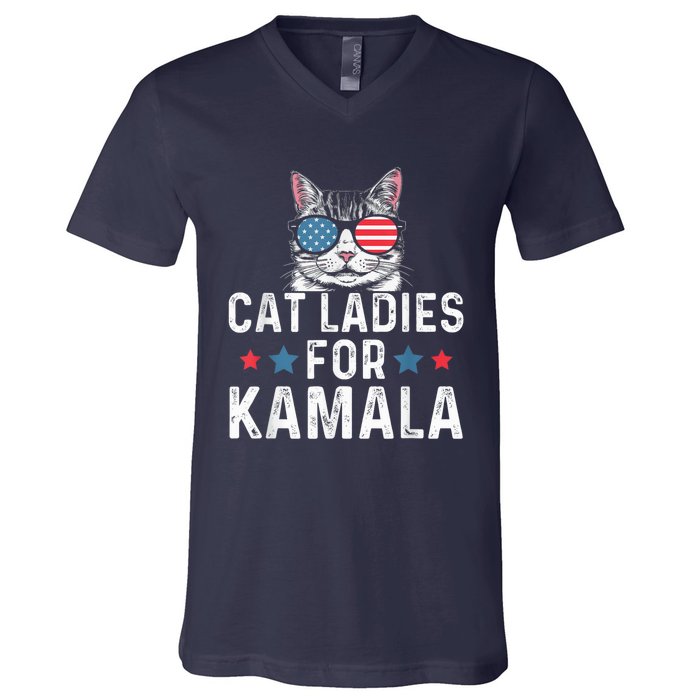 Cat Ladies For Kamala Funny Cat 2024 President Kamalaharris V-Neck T-Shirt