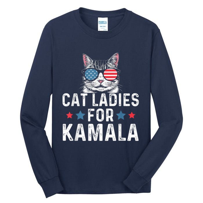 Cat Ladies For Kamala Funny Cat 2024 President Kamalaharris Tall Long Sleeve T-Shirt