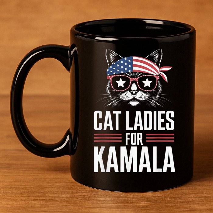Cat Ladies For Kamala Funny Cat 2024 President Kamalaharris 11oz C Handle Ceramic Mug