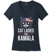 Cat Ladies For Kamala Funny Cat 2024 President Kamalaharris Women's V-Neck T-Shirt