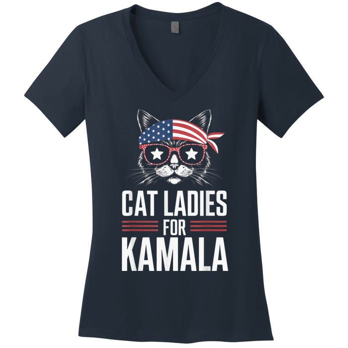 Cat Ladies For Kamala Funny Cat 2024 President Kamalaharris Women's V-Neck T-Shirt