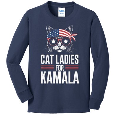 Cat Ladies For Kamala Funny Cat 2024 President Kamalaharris Kids Long Sleeve Shirt