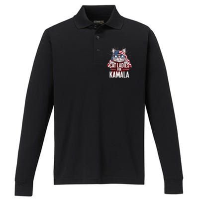 Cat Ladies For Kamala Funny Cat 2024 President Kamalaharris Performance Long Sleeve Polo