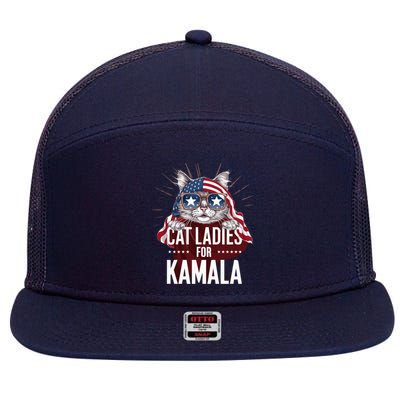 Cat Ladies For Kamala Funny Cat 2024 President Kamalaharris 7 Panel Mesh Trucker Snapback Hat