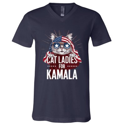 Cat Ladies For Kamala Funny Cat 2024 President Kamalaharris V-Neck T-Shirt