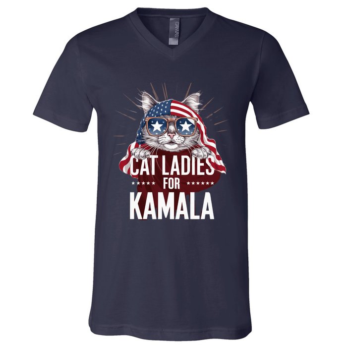 Cat Ladies For Kamala Funny Cat 2024 President Kamalaharris V-Neck T-Shirt