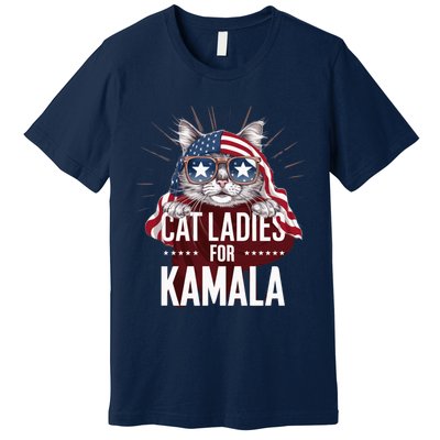 Cat Ladies For Kamala Funny Cat 2024 President Kamalaharris Premium T-Shirt