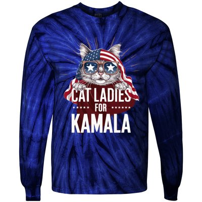 Cat Ladies For Kamala Funny Cat 2024 President Kamalaharris Tie-Dye Long Sleeve Shirt