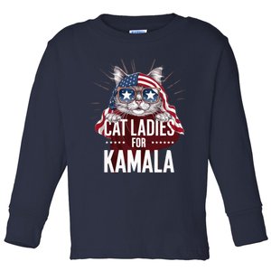 Cat Ladies For Kamala Funny Cat 2024 President Kamalaharris Toddler Long Sleeve Shirt