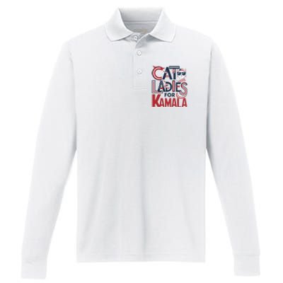 Cat Ladies For Kamala Patriotic Typography Design Us Flag Cat Lovers Performance Long Sleeve Polo