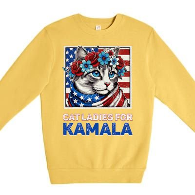 Cat Ladies For Kamala Funny Cat 2024 President Kamalaharris Premium Crewneck Sweatshirt