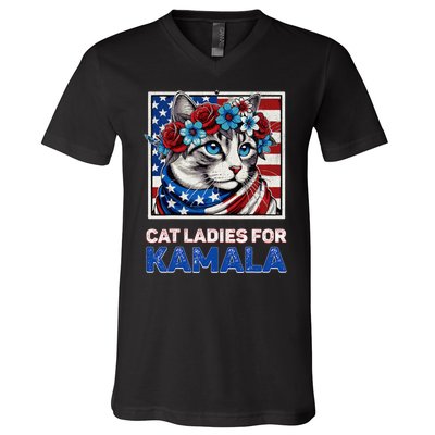 Cat Ladies For Kamala Funny Cat 2024 President Kamalaharris V-Neck T-Shirt