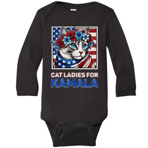 Cat Ladies For Kamala Funny Cat 2024 President Kamalaharris Baby Long Sleeve Bodysuit