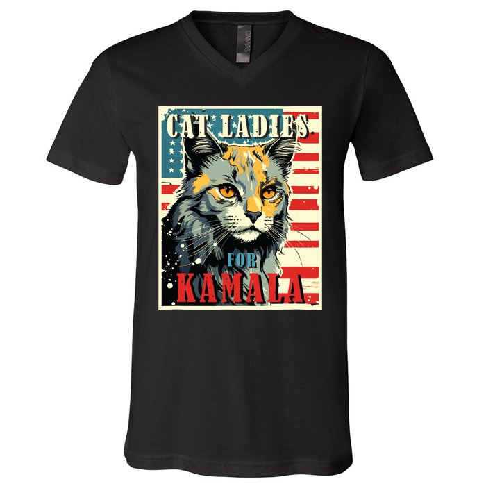 Cat Ladies For Kamala Funny Cat 2024 President Kamalaharris V-Neck T-Shirt