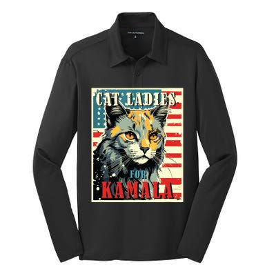 Cat Ladies For Kamala Funny Cat 2024 President Kamalaharris Silk Touch Performance Long Sleeve Polo