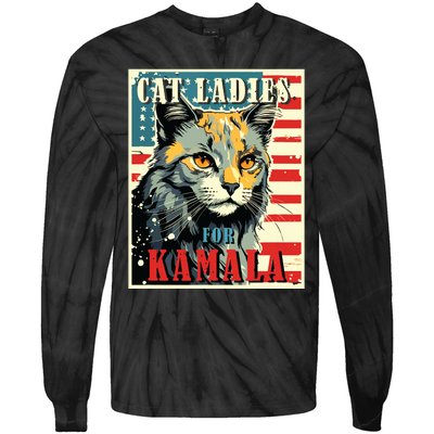 Cat Ladies For Kamala Funny Cat 2024 President Kamalaharris Tie-Dye Long Sleeve Shirt