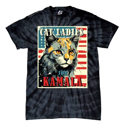 Cat Ladies For Kamala Funny Cat 2024 President Kamalaharris Tie-Dye T-Shirt