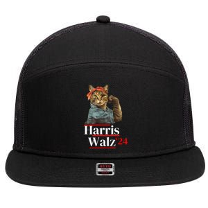 Cat Ladies For Kamala Walz Funny Cat 2024 President 7 Panel Mesh Trucker Snapback Hat