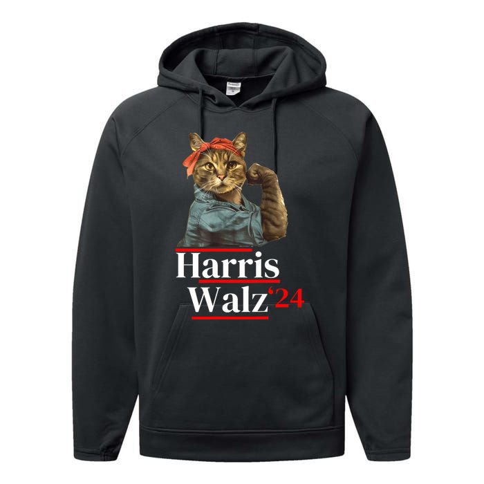 Cat Ladies For Kamala Walz Funny Cat 2024 President Performance Fleece Hoodie