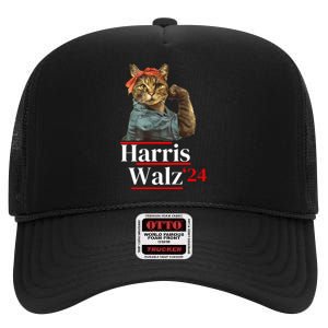 Cat Ladies For Kamala Walz Funny Cat 2024 President High Crown Mesh Back Trucker Hat