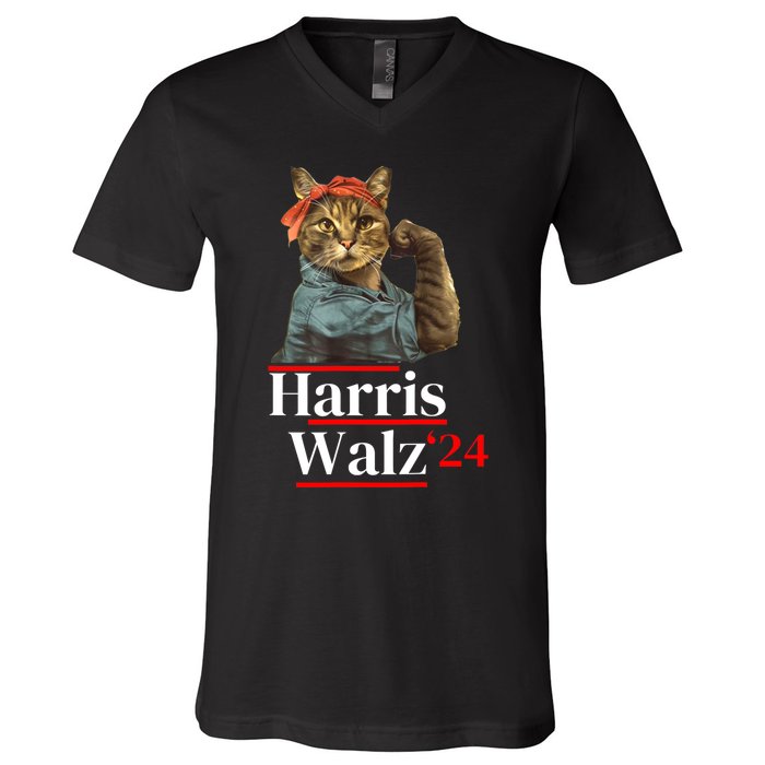 Cat Ladies For Kamala Walz Funny Cat 2024 President V-Neck T-Shirt