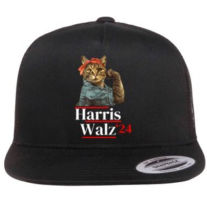 Cat Ladies For Kamala Walz Funny Cat 2024 President Flat Bill Trucker Hat